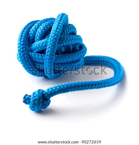 ball of thick blue rope on white background with drop shadow