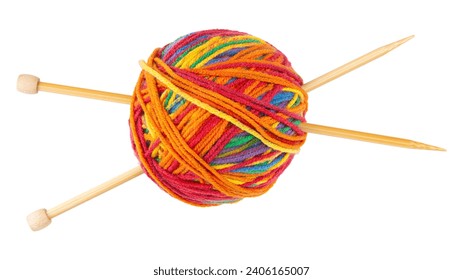 Ball of yarn and knitting needles. Handmade hobby knitting. Wooden bamboo needles for knitting, sewing. Acrylic, wool or cotton thread. Handcraft, art and craft professional tools. Isolated background