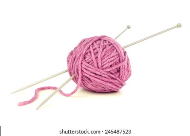 Ball Of Yarn With Knitting Needles Isolated On White
