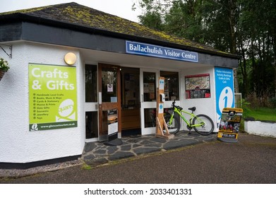 Ballachulish, Scotland, UK, August 22 2021: Exterior Of Ballachulish Visitor Centre With Signs For Visitor Information, Cafe, Gift Shop And Activities. Bike Left Outside, No People.