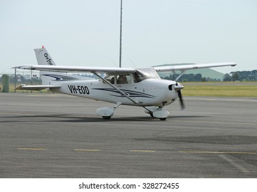 BALLARAT, VICTORIA, AUSTRALIA - October 10, 2015: A Cessna 172 light aircraft taxiing on the runway at Ballarat Airport, used as a pilot training institution since 1914