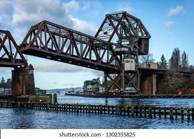 The Ballard Locks Rail Road Draw Bridge In Seattle. 