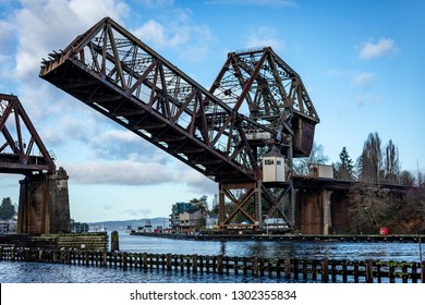 The Ballard Locks Rail Road Draw Bridge In Seattle. 