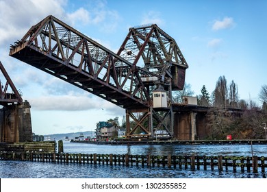 The Ballard Locks Rail Road Draw Bridge In Seattle. 