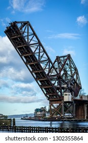 The Ballard Locks Rail Road Draw Bridge In Seattle. 