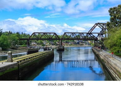 Ballard Locks And Steel Bridge Over Salmon Bay Near Seattle