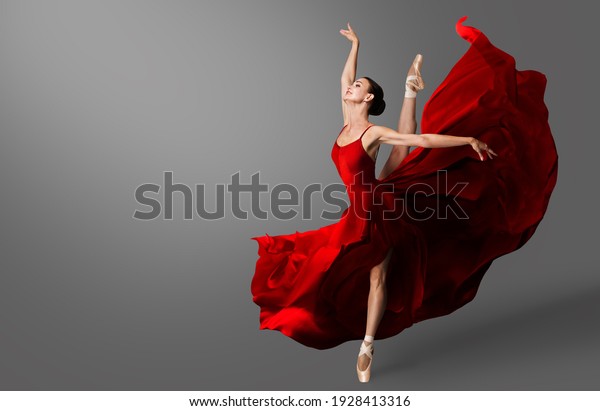 Ballerina Dance. Ballet Dancer in Red Dress jumping\
Spit. Woman in Ballerina Shoes dancing in Evening Silk Gown flying\
on Wind