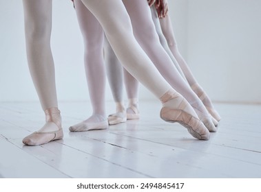 Ballerina, dance and group of legs in studio for performance art, elegance and practice of routine. Ballet school, class and people with learning in row in recital for flexibility, balance and talent - Powered by Shutterstock