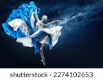 Ballerina dancing in Blue Chiffon Dress over Night Sky Background. Ballet Dancer jumping in fluttering Skirt pointing towards Hand. Fantasy Woman as Antique Goddess