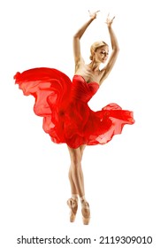 Ballerina dancing in Red Tutu Dress over White. Ballet Dancer Silhouette in Flying Chiffon Skirt over White Studio Background. Girl Balance in Ballerina Shoes