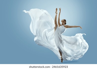 Ballerina doing Split in White flying Dress. Ballet Dancer jumping over Blue background. Freedom and Inspiration Concept. Carefree Beautiful Woman dancing in silk Gown - Powered by Shutterstock