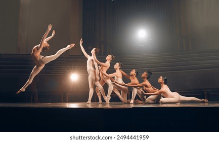 Ballerina group, women and performance on stage for theatre recital and dancing for competition at art academy. Ballet, team or jumping for creative routine with flexibility in talent show production - Powered by Shutterstock