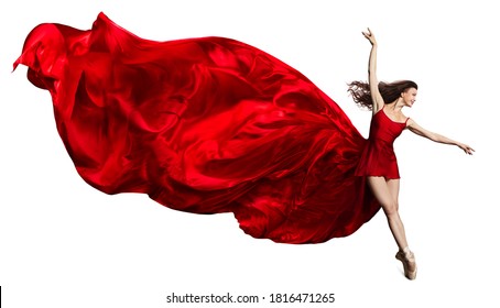 Ballerina Jump in Red Flying Silk Dress, Ballet Dancer in Pointe Shoes, Fluttering Waving Cloth, Isolated White Background
