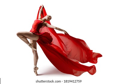 Ballerina Jumping in Pointe Shoes with Flying Red Cloth, Modern Ballet Dance, Isolated White Background