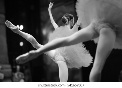 Ballerina on the stage during a performance, a look from behind the scenes