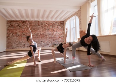 Ballerinas exercise rehearsal. Sport for girls. Rhythmic gymnastics in dance class with female coach. Gym background, healthy lifestyle, individuality concept