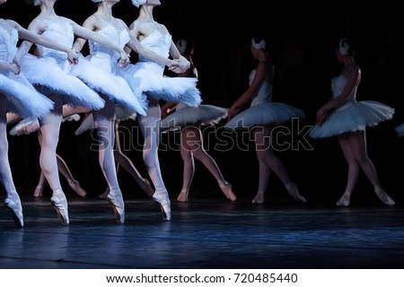 ballet, art, tradition concept. four young caucasian girls wearing dresses decorated with feathers dancing well-known part of ballet swan lake, la danse des petite cygnes