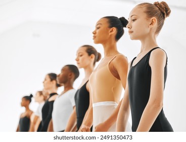 Ballet, class and group of people in studio for performance art, practice and learning of routine. Dance school, diversity and low angle in lesson for recital with grace, elegance and theater talent - Powered by Shutterstock