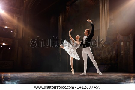 Ballet. Classical ballet performed by a couple of ballet dancers on the stage of the opera house.