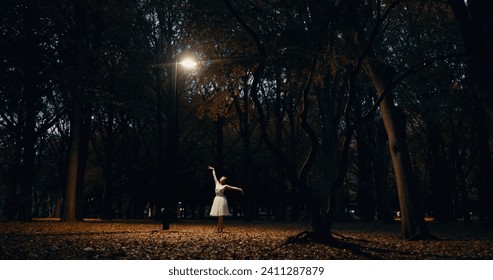 Ballet, dance and woman outdoor at night in Japan with street light, trees and creative art. Ballerina, performance and talent in dark Kyoto forest, woods or garden with spotlight in nature or park - Powered by Shutterstock