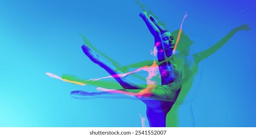 Ballet dancer dancing gracefully, with layered blue, green, and purple overlays. Fluidity and poise of ballet, expressive, surreal atmosphere. Concept of art, dance. Contemporary art collage