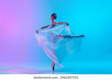 Ballet dancer with flowing white fabric captured in dynamic pose in neon light against vivid gradient background. Grace in motion. Concept of art, movement, classical and modern, beauty, fashion. Ad - Powered by Shutterstock