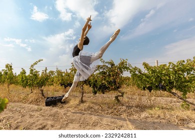 Ballet dancer girl jumping in dancing pose in the vineyard. Female dancer jump like flying on amazing background with rip grape bushes and moving clouds in the blue sky. Harvest and Art concept