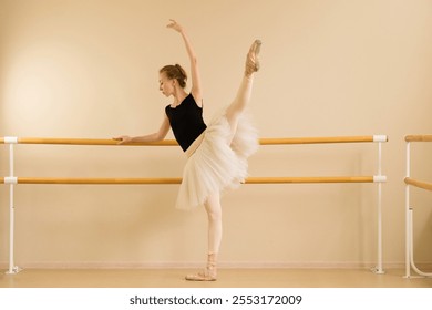 Ballet dancer holding pointe shoe in high leg extension at barre. - Powered by Shutterstock