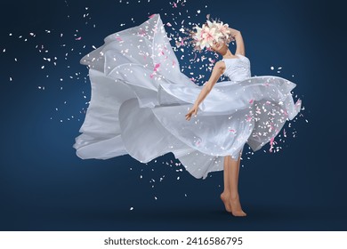 ballet dancer leaping with grace, adorned in a long white dress and a delicate flower crown. Perfect for conveying elegance, beauty, and the joy of dance. Ideal for dance-related promotions, artistic  - Powered by Shutterstock