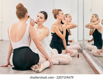 Ballet Dancer Makeup For Dance Performance In Studio With Class, Team Or Group At Creative Academy. Professional Ballerina Women On Floor With Cosmetics Products For Competition Dancing Preparation