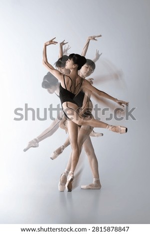 Ballet dancer motion sequence on light background. Concept of ballet performance posters, dance education, graceful movement studies, body control training and creative advertising.