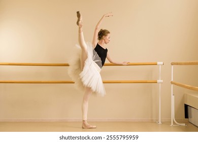 Ballet dancer performing a high leg extension at barre with elegant arm pose. - Powered by Shutterstock