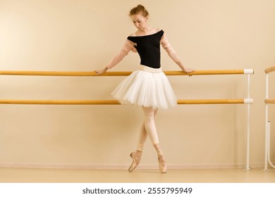 A ballet dancer practices on pointe, holding the barre for balance while looking down in concentration. - Powered by Shutterstock