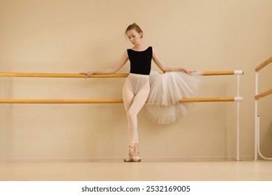 Ballet dancer resting against barre while holding tutu, looking serene. - Powered by Shutterstock