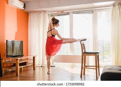 Ballet Dancer Stretching At Home At Quarantine