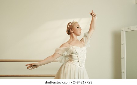 Ballet Dancer in White Dress Practicing at Barre in Sunlit Studio - Powered by Shutterstock