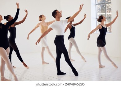 Ballet, group and class with dancer learning, exercise and training for performance in studio. Diversity, people and wellness of ballerina fitness together with balance and arm lift in dance workshop - Powered by Shutterstock