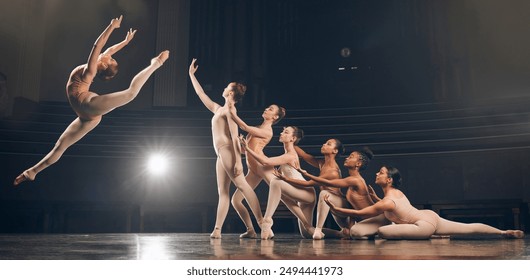 Ballet group, women and performance on stage for theatre recital and dancing for competition at art academy. Ballerina, team or jumping for creative routine with flexibility in talent show production - Powered by Shutterstock