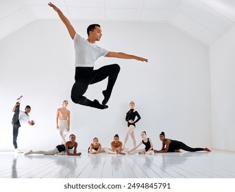 Ballet, jump and group in dance performance with practice for art demonstration, elegance or learning. Diversity, ballerina and students for training in class for dancing academy, teamwork or balance - Powered by Shutterstock