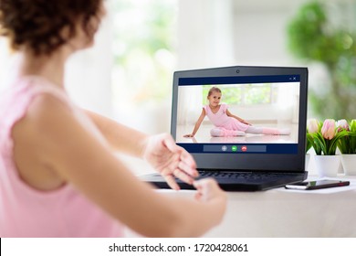 Ballet Lesson Online. Remote Learning For Kids. Teacher Showing Dance Exercises For Child Via Laptop Computer. Video Chat With Student. Gymnastics Practice Conference Call. Quarantine Education.