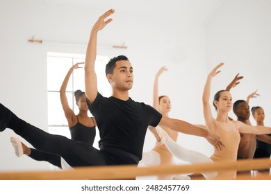 Ballet, man or people in class for training, lesson or learning in studio, recital or art school with instructor. Teamwork, balance or ballerina dancing in practice routine for theater performance - Powered by Shutterstock