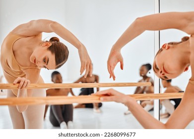 Ballet, mirror and woman stretching for dance, fitness or theater rehearsal at studio, flexible and artistic. Creative, stretch and girl ballerina with stage,performance and beauty or art preparation - Powered by Shutterstock