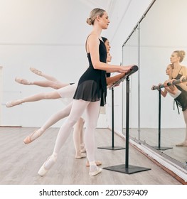 Ballet Performance, Dance Training And Women With Strong Legs For Creative Class, Check Feet In Mirror At School And Dancing At Studio. Ballerina Dancer Students Stretching For Exercise In Line