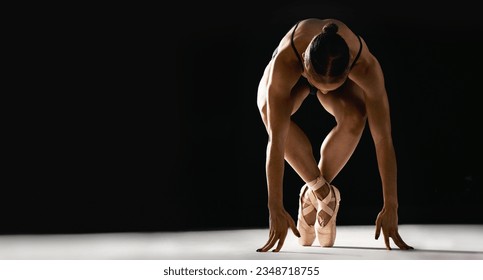Ballet performance, studio and woman dance in creative recital, mockup stage or training for talent show, exhibition or competition. Balance, dancer and ballerina practice routine on black background
