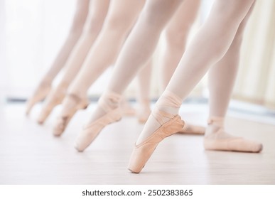 Ballet, point shoes and feet on floor in dancing, artist and professional ballerina studio for exercise. Workout, break and performance training with legs of women in group for fitness at class