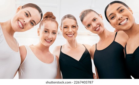 Ballet portrait, happy group and women training for dance competition, smile for team class and hug for support at studio. Ballerina dancer people dancing for professional performance together - Powered by Shutterstock