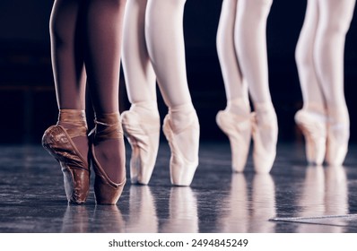 Ballet, shoes and group with dance on stage for performance art, talent and practice of routine. Ballerina, creative performance and people with training for balance, flexibility and elegance - Powered by Shutterstock