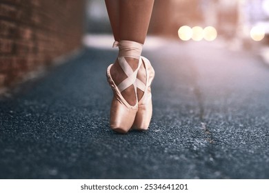 Ballet, shoes and street with dancer outdoor for theater performance, recital or rehearsal closeup. Asphalt, balance and dance with ballerina person on road or sidewalk in alley for art and talent - Powered by Shutterstock