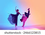 Ballet and street dance mix. Beautiful young girl in black dress, ballerina dancing with young man, hip hop performer on gradient background in neon. Concept of classical and modern dance, performance