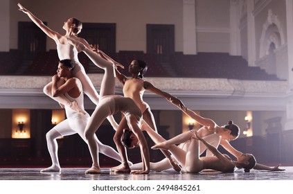 Ballet, theatre and group of people on stage together for performance, showcase or talent. Art, creative and dance with performing arts students in classic venue for classic dancing or elegance - Powered by Shutterstock